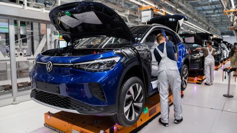 Workers assemble the new ID.4 at a Volkswagen factory in Zwickau, Germany. Motor vehicles were Germany's main export in 2019, according to official figures.