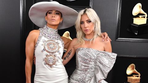Jennifer Lopez and Lady Gaga arrive at the 61st Annual Grammy Awards at the Staples Center on February 10, 2019 in Los Angeles.