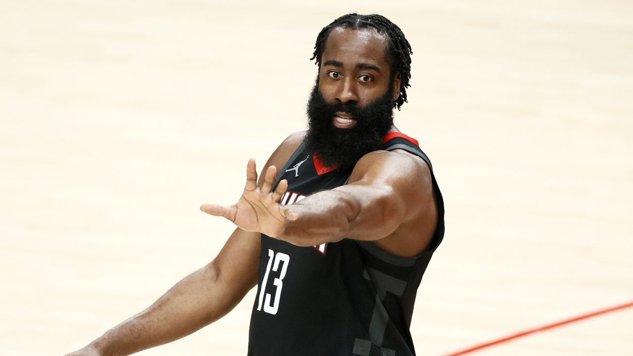 Harden reacts during the Rocket's game against the Portland Trail Blazers last December.