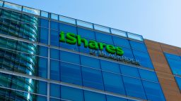 San Francisco, California, USA - September, 2019 : iShares by BlackRock sign and logo on glass facade