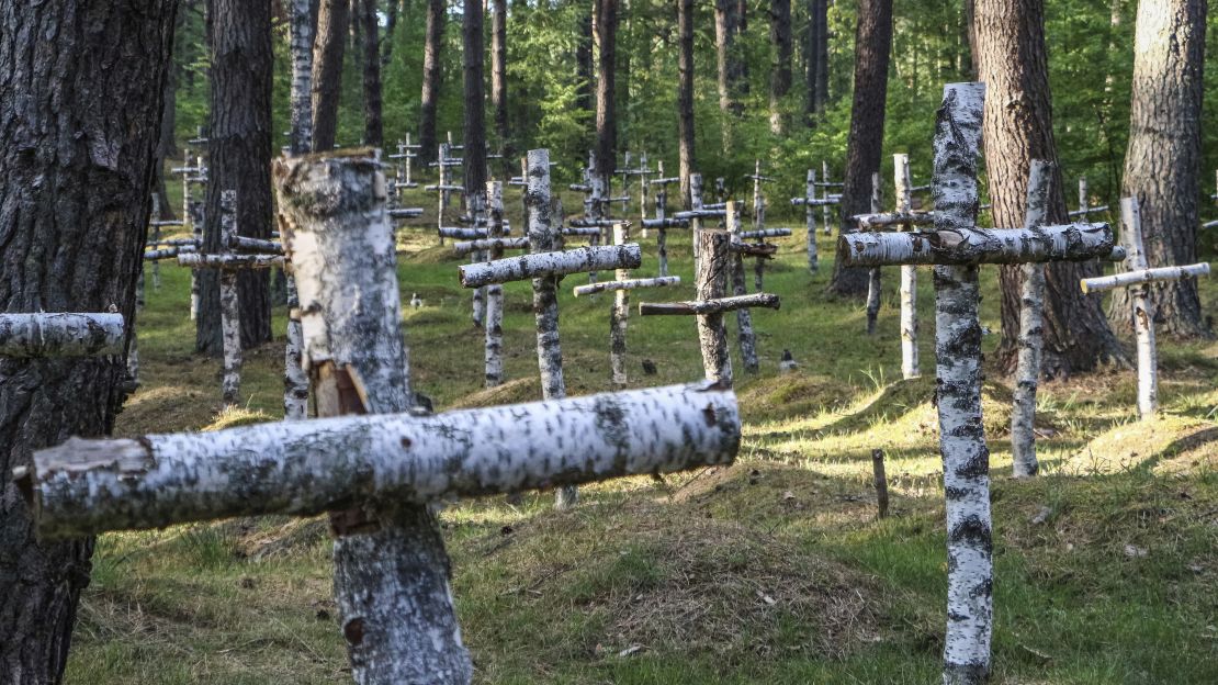 Birch crosses mark the graves of soldiers who died after being incarcerated at Gross Born.