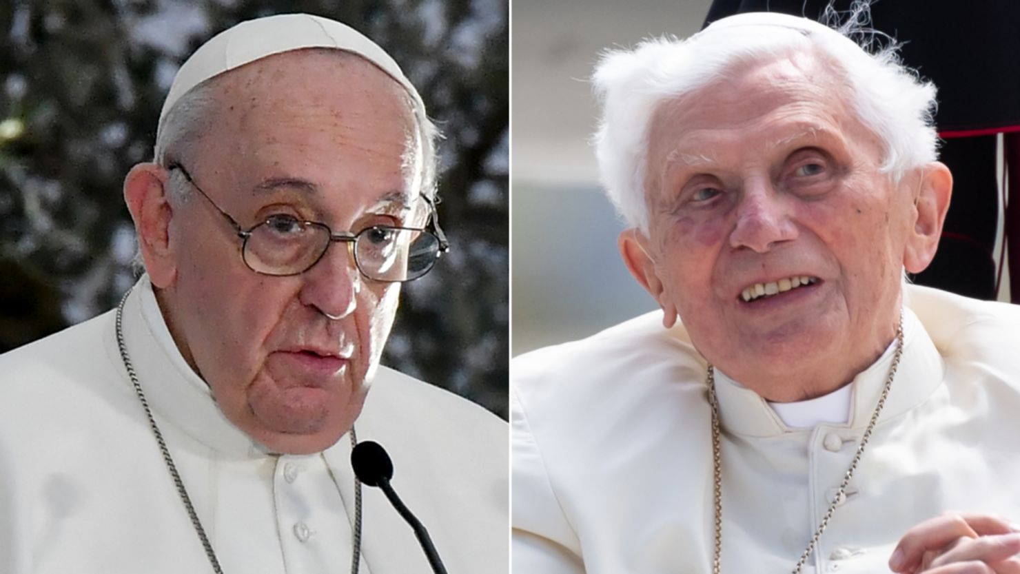 Pope Francis, left, and former Pope Benedict, right.