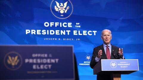 President-elect Joe Biden delivers remarks on January 8, 2021, in Wilmington, Delaware.