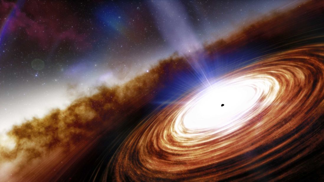 This artist's conception of quasar J0313-1806 depicts it as it was 670 million years after the Big Bang. Quasars are highly energetic objects at the centers of galaxies, powered by black holes and brighter than entire galaxies. 