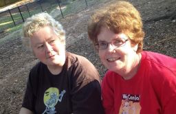 Nancy Wilkinson (left) and her wife Susan Phillips (right) were lucky to snag one of the few early appointments for Covid-19 vaccine.