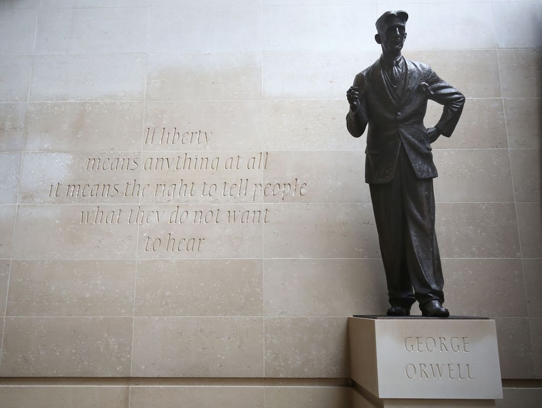 A bronze statue of George Orwell outside Broadcasting House, London.