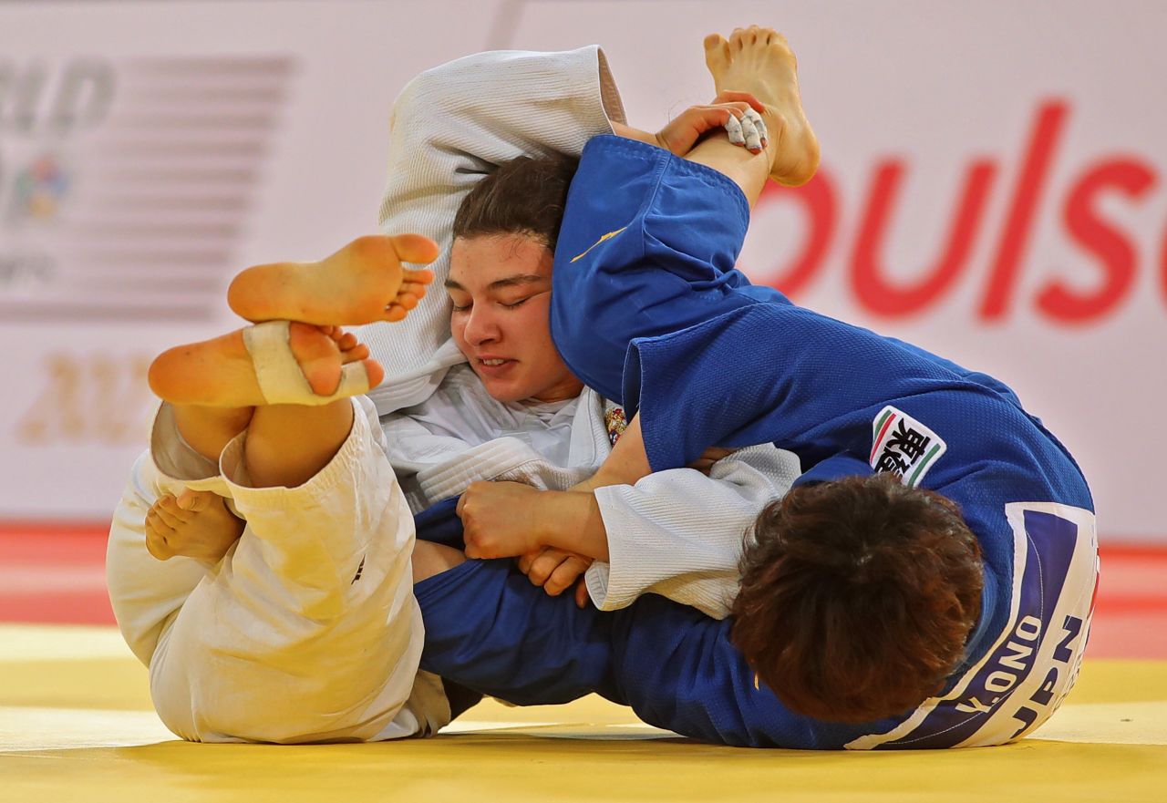 Japan's Yoko Ono, right, and Russia's Madina Taimazova fight during a final round of the World Judo Masters on Tuesday, January 12, in Doha, Qatar.