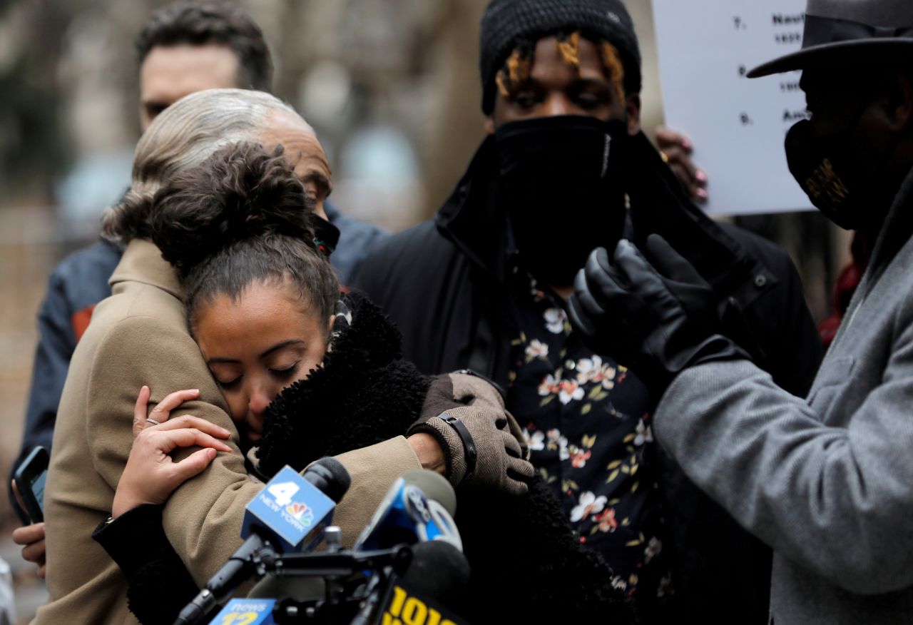 Kat Rodriguez, the mother of Keyon Harrold Jr., a 14-year-old who was attacked and falsely accused of stealing a woman's cell phone in the lobby of New York's Arlo SoHo hotel in 2020, embraces civil rights leader Rev. Al Sharpton at a news conference on Monday, January 11. Miya Ponsetto, the woman who accused Harrold, was <a href="https://www.cnn.com/2021/01/09/us/miya-ponsetto-attempted-robbery-assault-charges/index.html" target="_blank">arrested and charged</a> with attempted assault, endangering the welfare of a child, attempted robbery and attempted grand larceny.