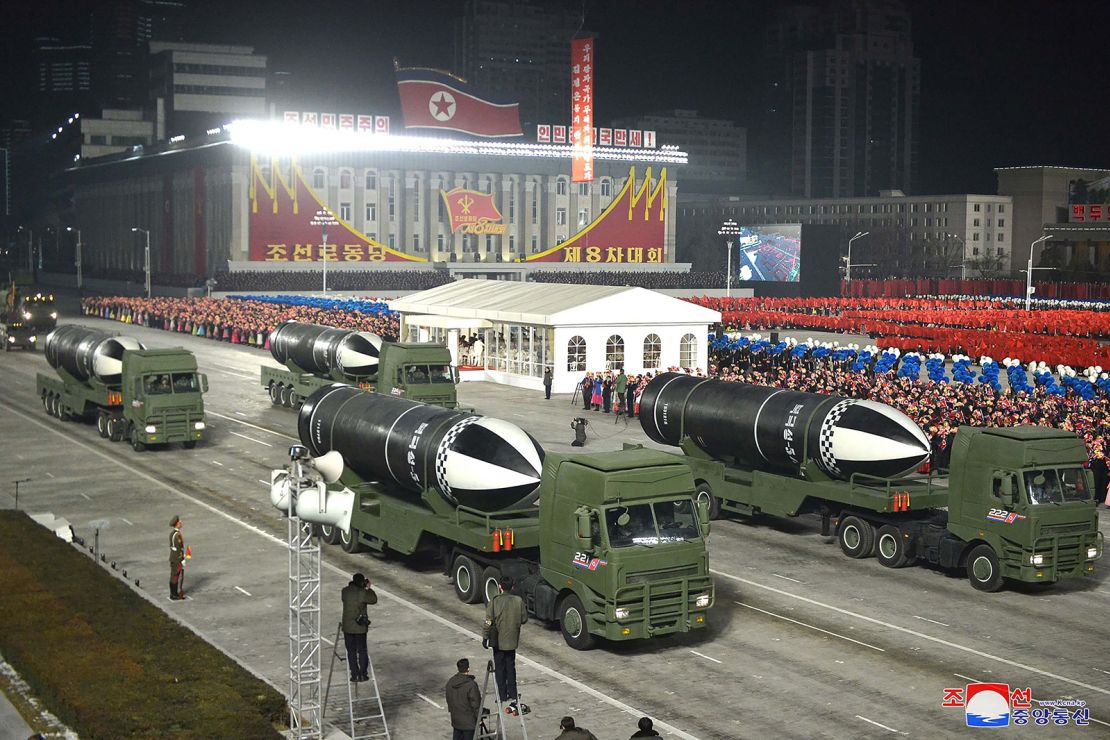 Weapons that appear to be submarine-launched ballistic missiles are shown during a military parade celebrating the 8th Congress of the Workers' Party of Korea in Pyongyang on January 14, 2021.