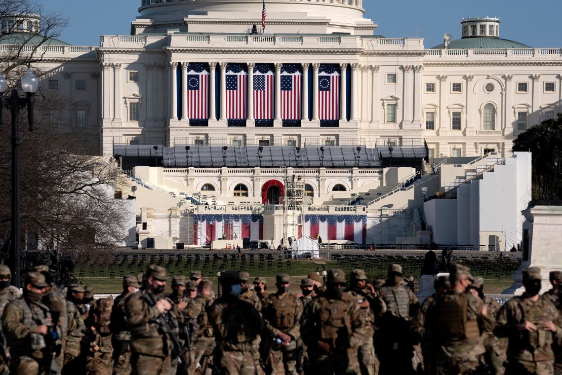 Members of the National Guard stand outside the  Capitol on January 14, 2021 in Washington, DC. 