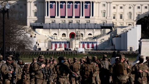 Members of the National Guard stand outside the  Capitol on January 14, 2021 in Washington, DC. 