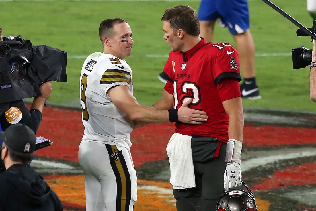 Two of the greatest quarterbacks in NFL history Brees and Brady  share a few words after the regular season game between the Saints and the Buccaneers.