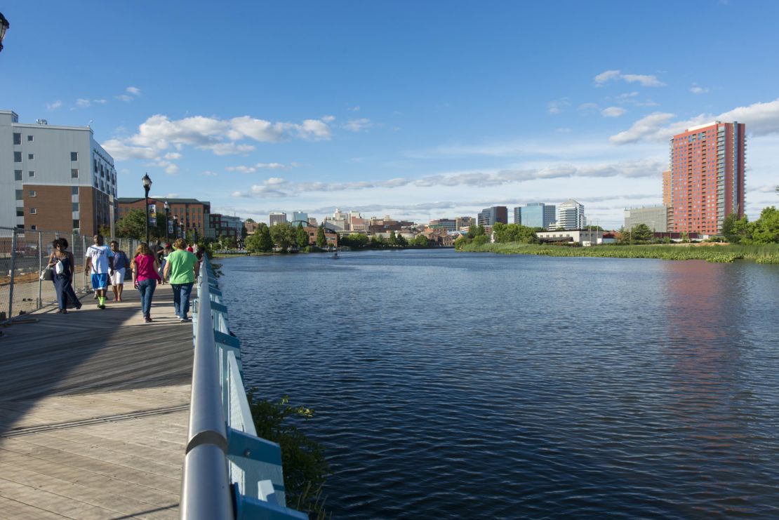 The revived Riverfront district in Wilmington features a mix of public art, green space, historical points and waterfront restaurants along the Christina River. 