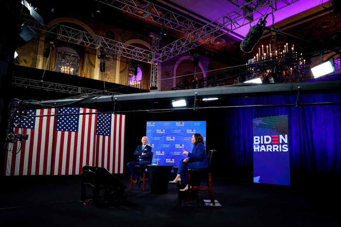 A makeshift studio in the elegant Hotel Du Pont in Wilmington was the site of Biden-Harris campaign events.