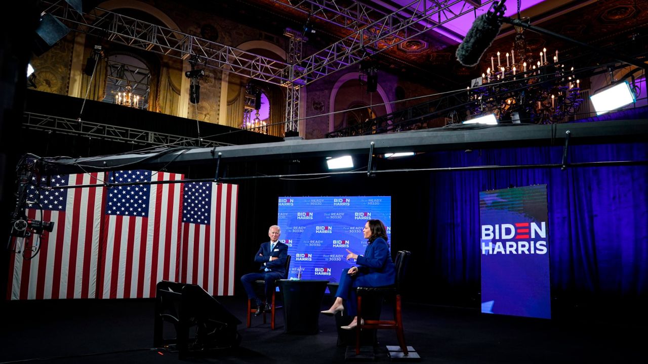 A makeshift studio in the elegant Hotel Du Pont in Wilmington was the site of Biden-Harris campaign events.