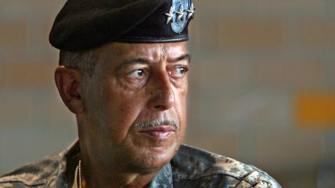 Lt. General Russel Honore listens to a Hurricane Katrina disaster briefing during a stop over in New Orleans, on Friday, September 9, 2005.  