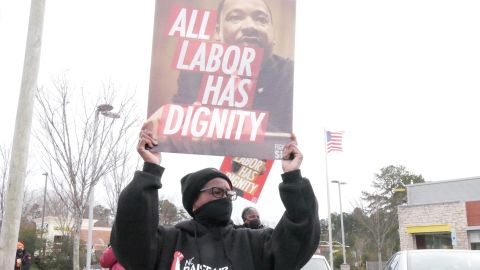 Rita Blalock striking with workers in Durham, NC on January 15, 2021.