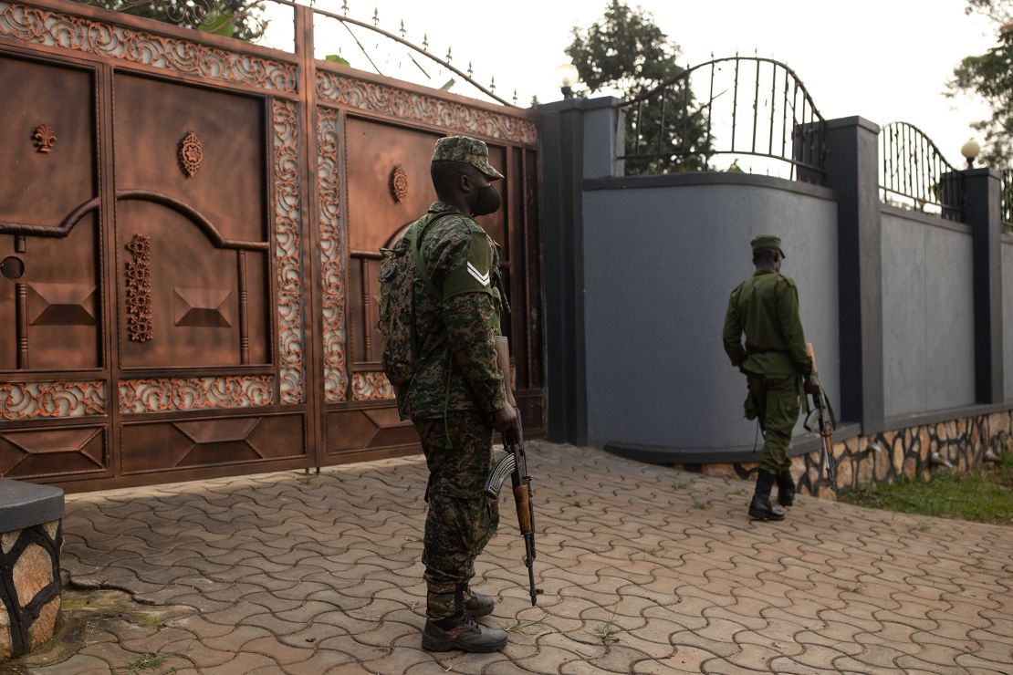 Security forces outside Bobi Wine's property on Friday in the Ugandan capital of Kampala.