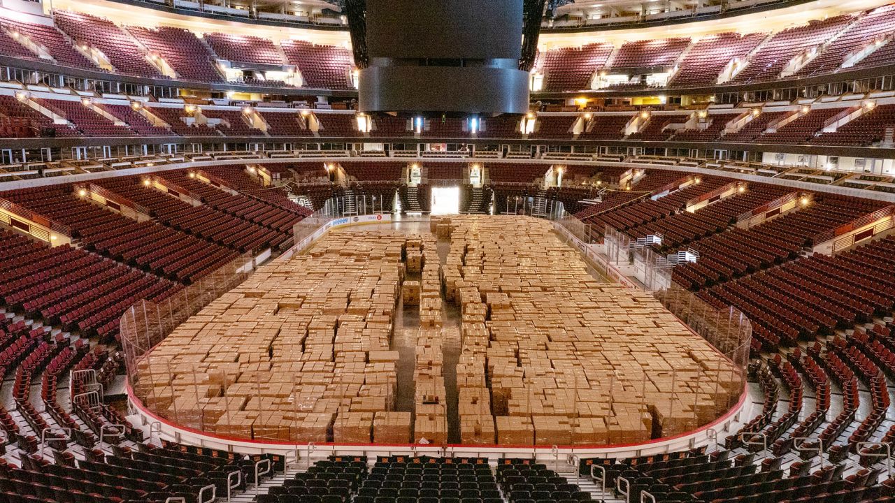 Non-perishable food items await to be delivered in Chicago's United Center in April.