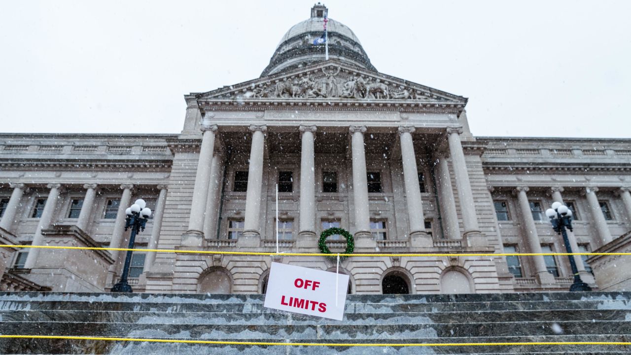 An off limits sign is seen at the steps of the state Capitol on Saturday in Frankfort, Kentucky.