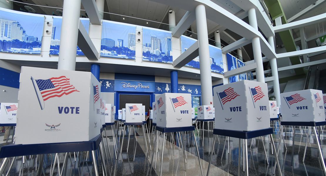 Voting booths are installed at the Amway Center in Orlando, Florida.