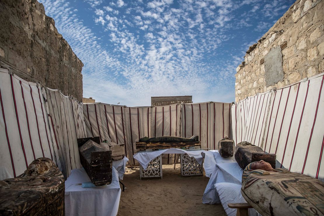 Unearthed adorned wooden sarcophagi on display during the official announcement of the discovery of a new trove of treasures at Egypt's Saqqara necropolis south of Cairo, on January 17.