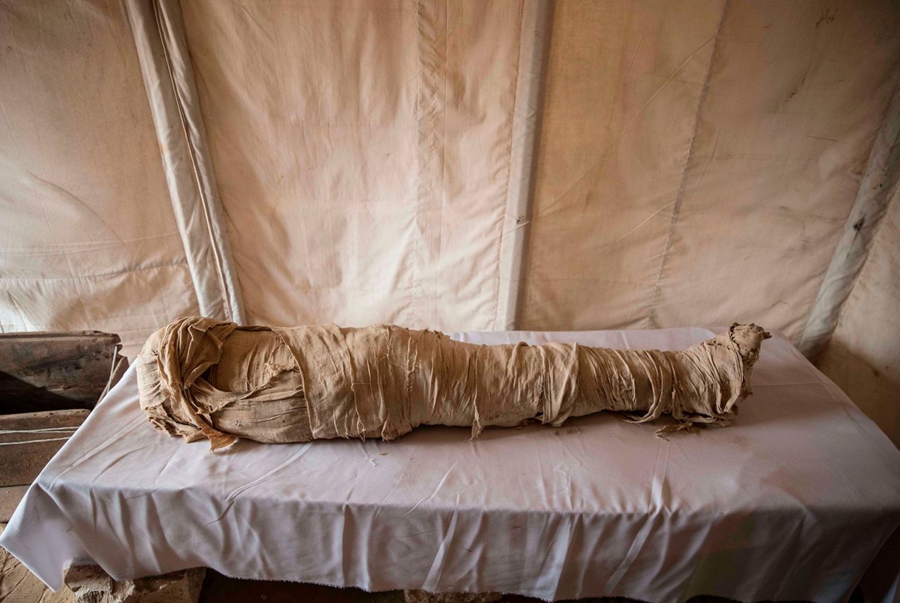 A mummy is displayed during the official announcement of the mission discovery at Egypt's Saqqara necropolis south of Cairo, on January 17.