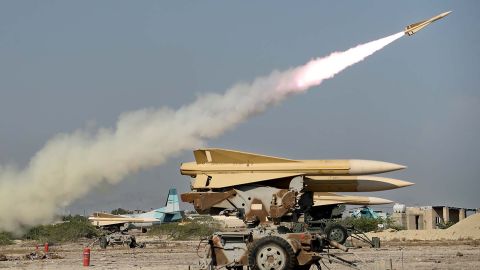 An Iranian Shalamcheh missile is fired during a military exercise in the Gulf, near the strategic Strait of Hormuz, on September 10, 2020.