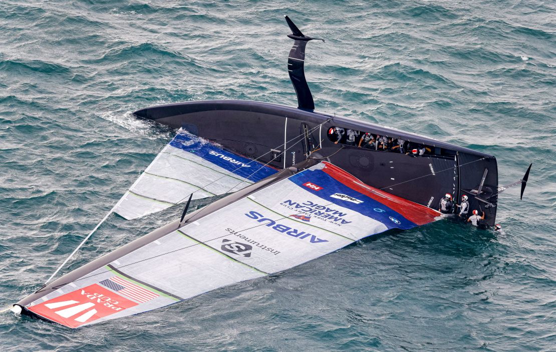 American Magic capsizes during its race against Italy's Luna Rossa on the third day of racing of the America's Cup challenger series on Auckland's Waitemate Harbour, New Zealand.