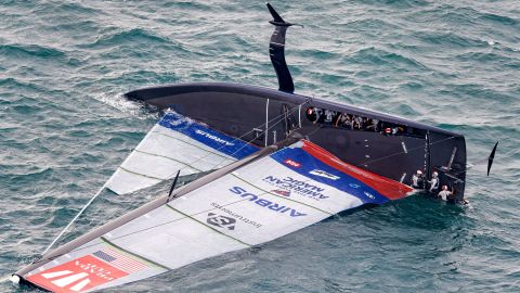 American Magic capsizes during its race against Italy's Luna Rossa on the third day of racing of the America's Cup challenger series on Auckland's Waitemate Harbour, New Zealand.
