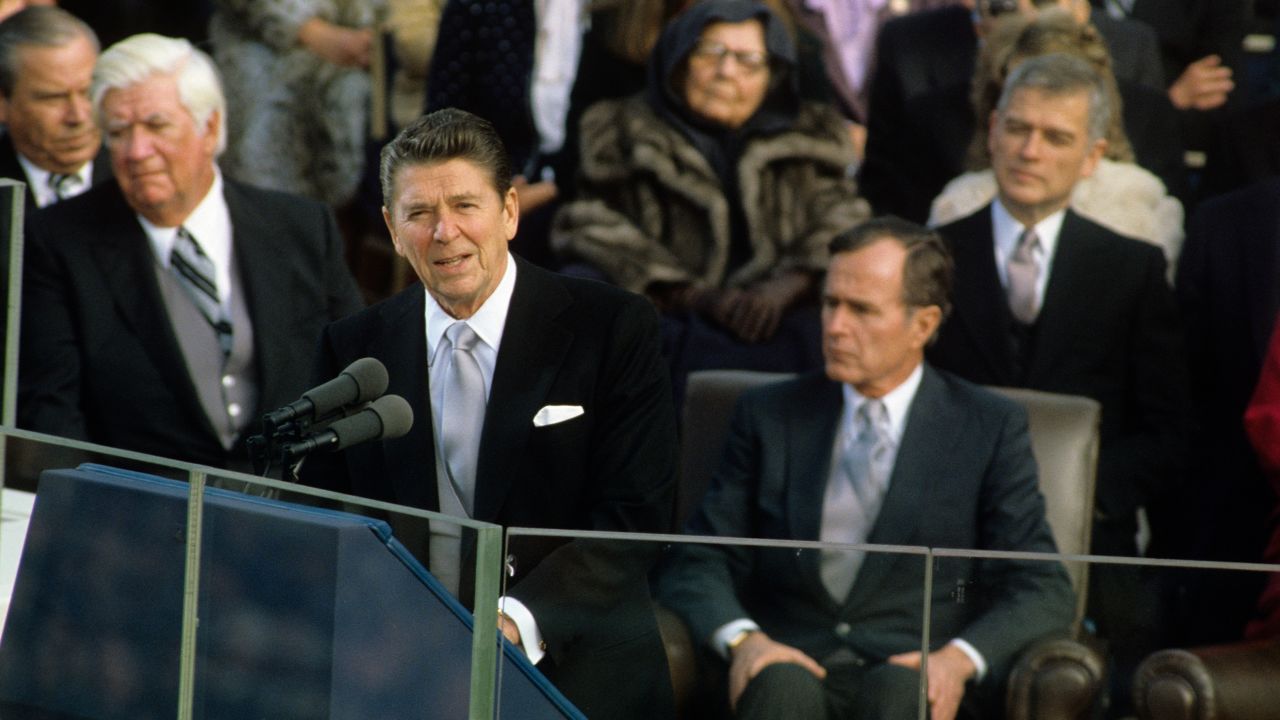 President Ronald Reagan speaks during his inauguration ceremony on January 20, 1981, in Washington, DC.