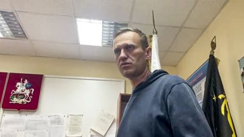 Navalny waits for a court hearing in the police station on Monday.