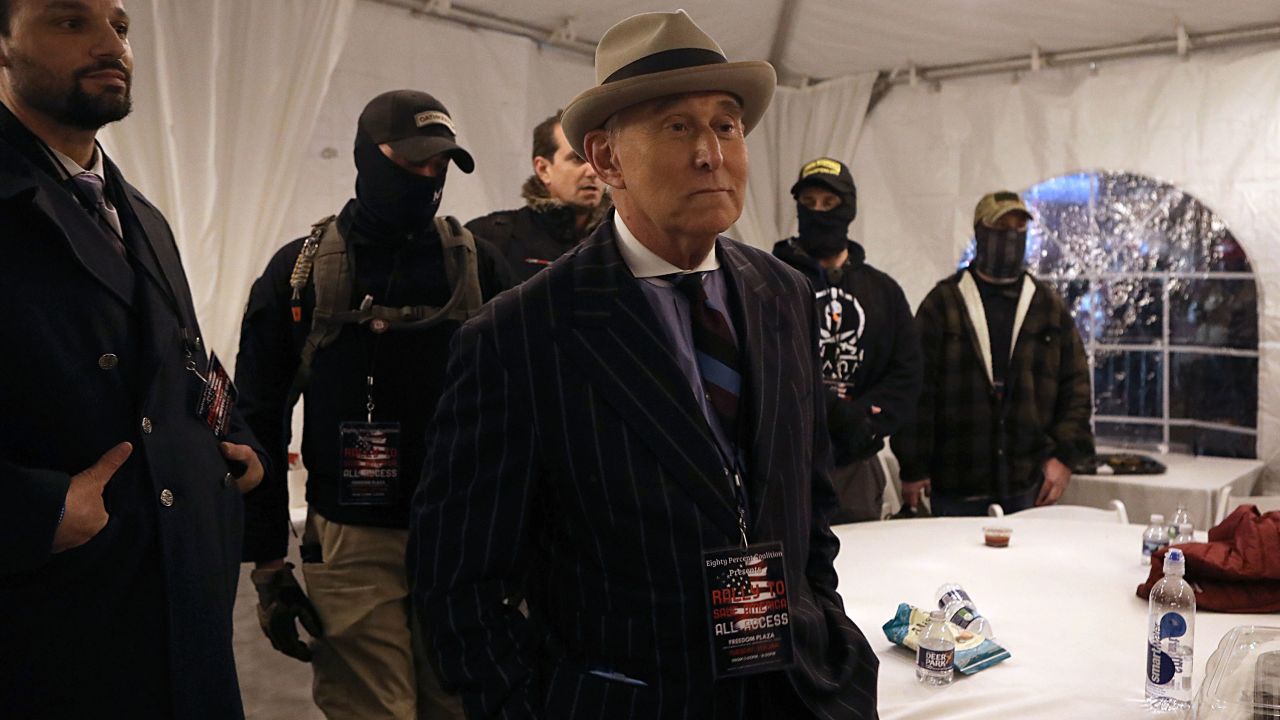 Roger Stone, former adviser to U.S. President Donald Trump, is flanked by security during a rally at Freedom Plaza, ahead of the U.S. Congress certification of the November 2020 election results, during protests in Washington, U.S., January 5, 2021. 