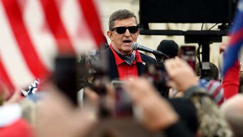 Former US National Security Advisor Michael Flynn speaks to supporters of President Donald Trump during the Million MAGA March to protest the outcome of the 2020 presidential election in front of the US Supreme Court on December 12, 2020 in Washington, DC. 
