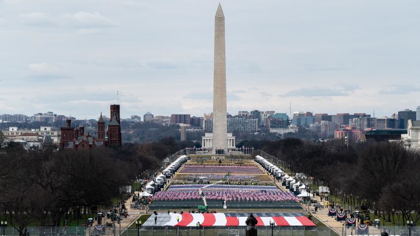 A giant American flag is unfurled on the National Mall during rehearsals for the inaugural ceremony for President-elect Joe Biden and Vice President-elect Kamala Harris at the U.S. Capitol on January 18, 2021 in Washington, DC. The inauguration will take place on January 20.