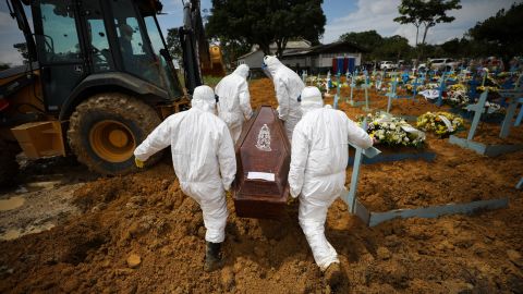 Cemetery workers in protective suits carry the coffin of a person who died of Covid-19 at Nossa Senhora Aparecida Cemetery in Brazil on January 15.