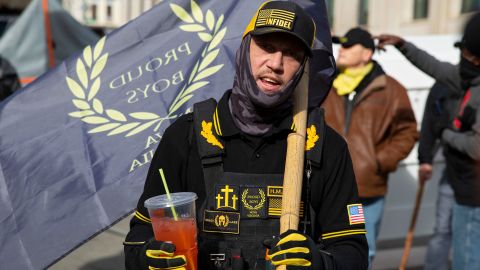 A member of the Proud Boys speaks to the media at a gun rights rally on Monday near the Capitol in Richmond, Virginia.