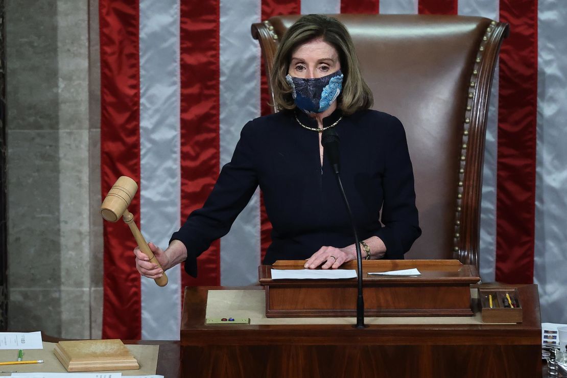 Speaker of the House Nancy Pelosi raps her gavel after the House voted to impeach U.S. President Donald Trump for the second time in little over a year.