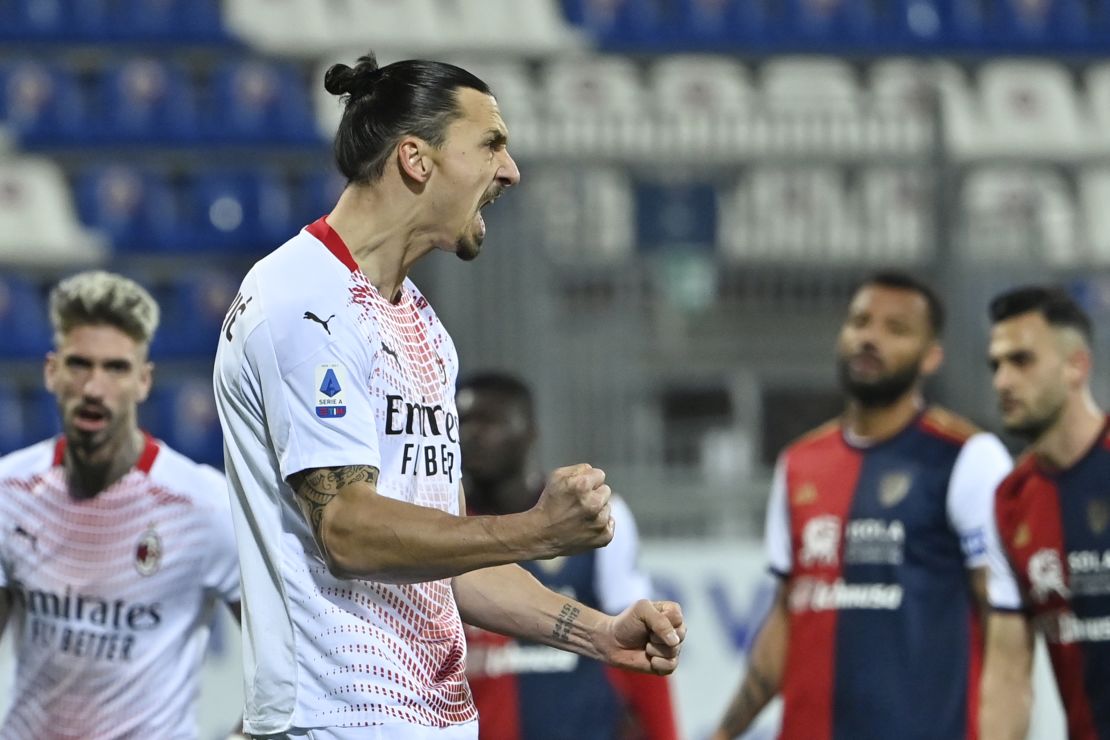 Zlatan Ibrahimovic celebrates after scoring the opening goal from the penalty spot.