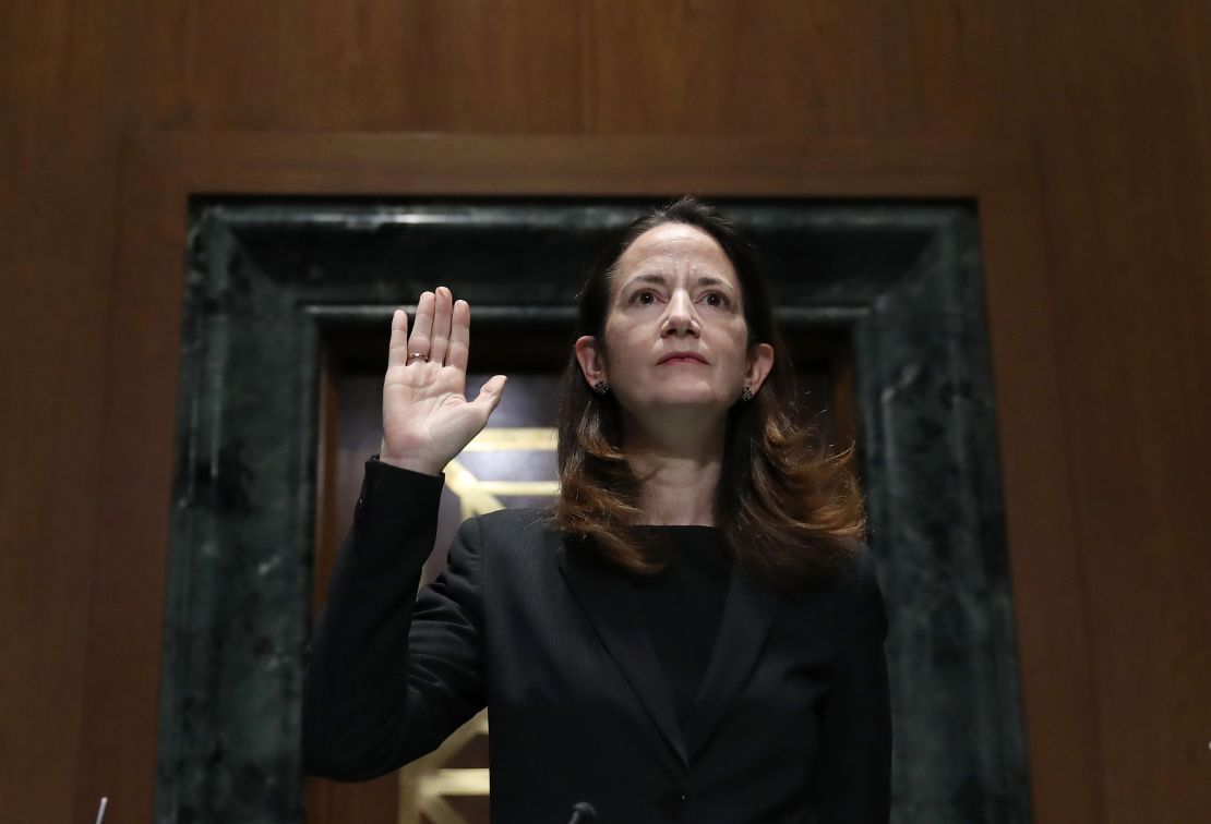 Avril Haines is sworn in at the start of her confirmation hearing before the Senate Intelligence Committee on Tuesday.