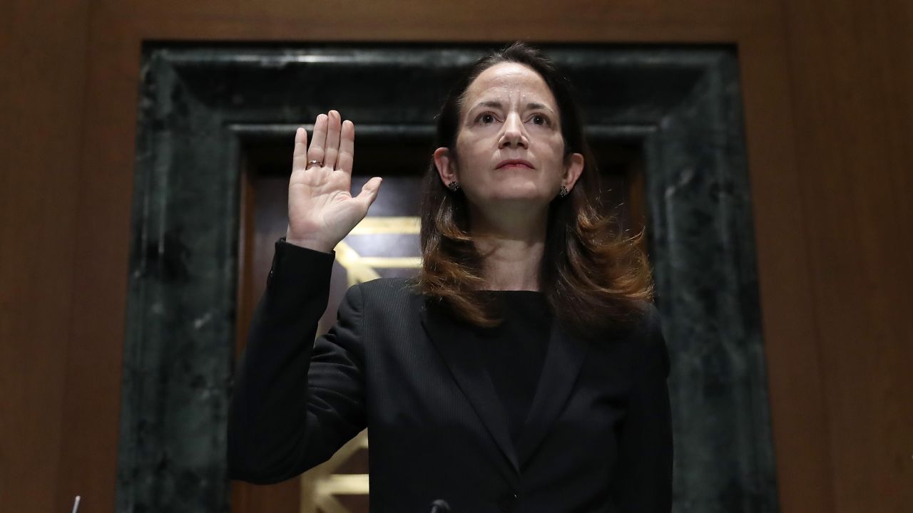 Avril Haines is sworn in at the start of her confirmation hearing before the Senate Intelligence Committee on Tuesday.