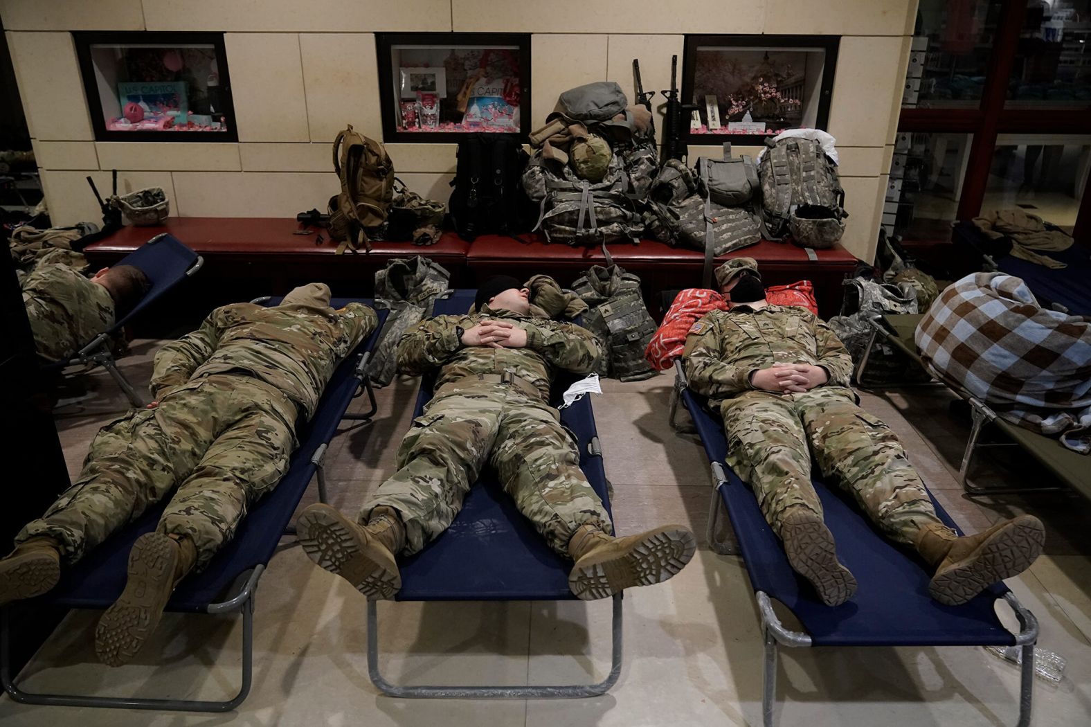 National Guard members sleep inside the Capitol Visitor Center.