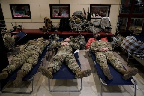 National Guard members sleep inside the Capitol Visitor Center.
