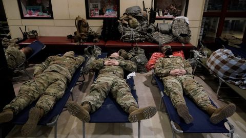 National Guard members sleep inside the Capitol Visitor Center.