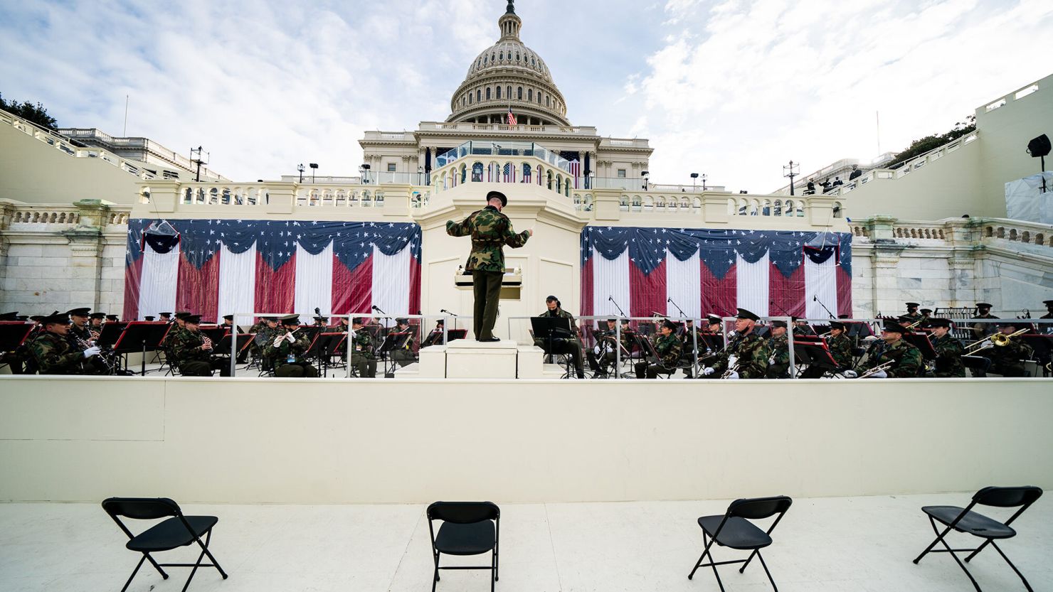 Rehearsals for the inaugural ceremony for President-elect Joe Biden and Vice President-elect Kamala Harris proceed at the US Capitol on January 18, 2021 in Washington, DC. 