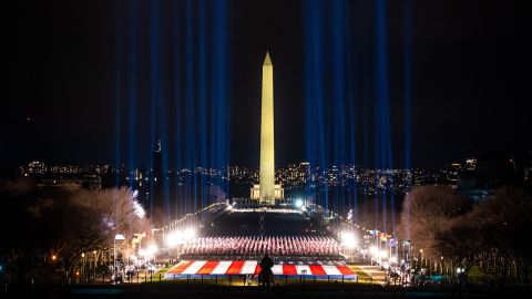 Lights are displayed above the National Mall two days before the inauguration, paying tribute to all the Americans who have died from Covid-19.