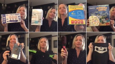 Jen Blinn holds up some of the unusual items she received in Amazon packages. She didn't order these goods and doesn't know who sent them to her.