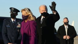 ANDREWS AIR FORCE BASE, MD - JANUARY 19: President-elect Joe Biden (R) and Dr. Jill Biden arrive at Joint Base Andrews the day before he will be inaugurated as the 46th president of the United States January 19, 2021 at Andrews Air Force Base, Maryland. After arriving in the nation's capital, Biden will attend a memorial service at the Reflecting Pool of the Lincoln Memorial for the nearly 400,000 Americans who have died from coronavirus. (Photo by Chip Somodevilla/Getty Images)