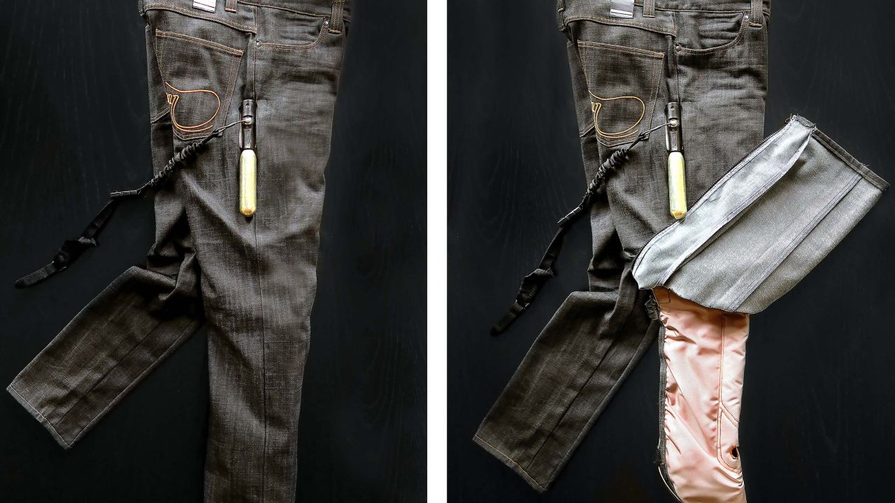 A prototype pair of airbag jeans, developed by Airbag Inside Sweden AB.