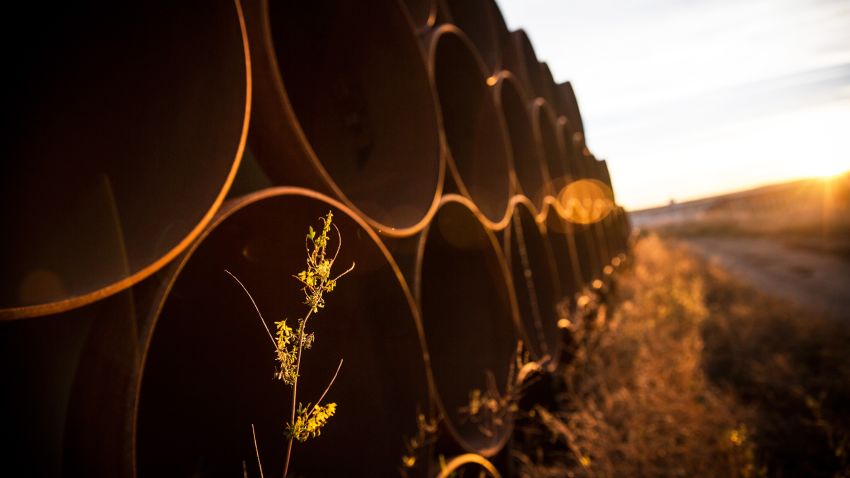 Miles of unused pipe, prepared for the proposed Keystone XL pipeline, sit in a lot on October 14, 2014 outside Gascoyne, North Dakota. (Photo by Andrew Burton/Getty Images)
